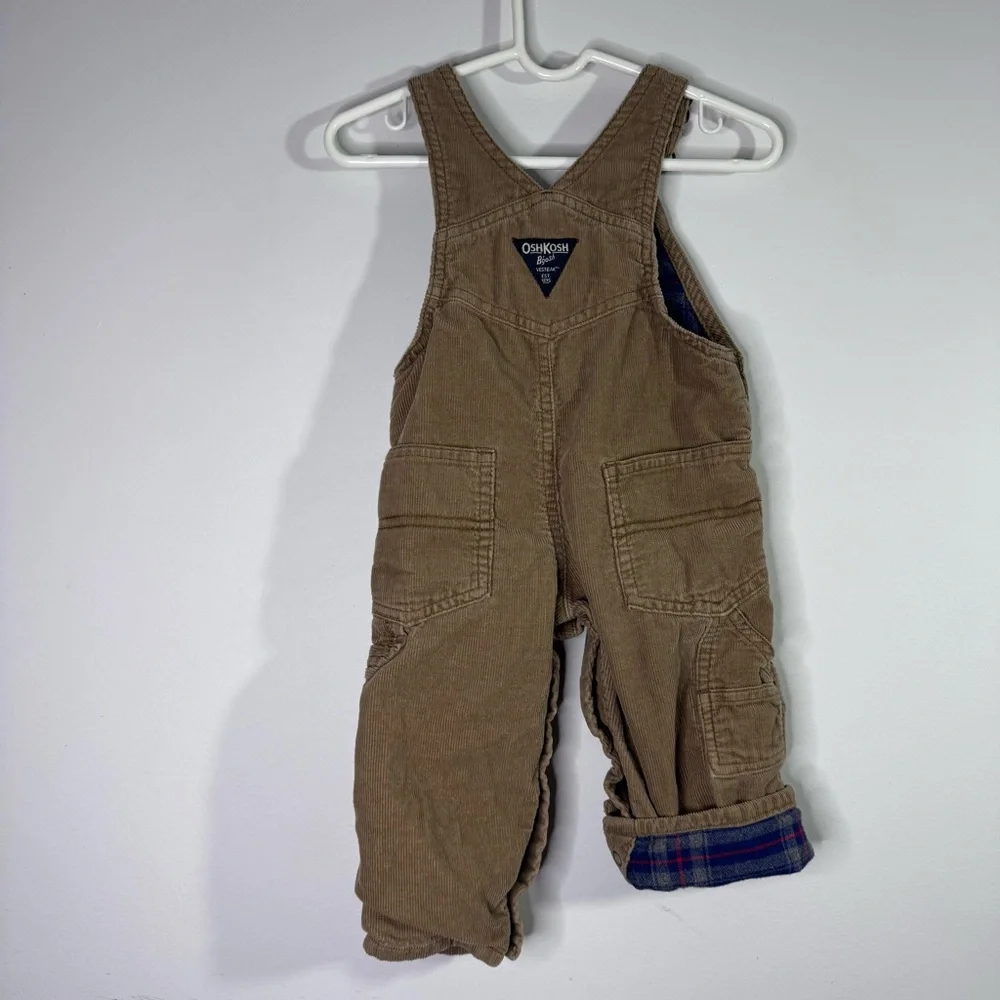 OshKosh B’gosh Corduroy Overalls 9M Brown Plaid Flannel Lined Baby Fall
